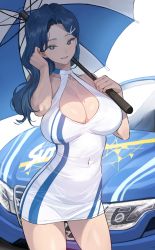 Rule 34 | 1girl, banned artist, bare arms, bare shoulders, blue eyes, blue hair, blush, breasts, car, cleavage, covered navel, cowboy shot, dress, hair ornament, jagaimo (kkamja), large breasts, long hair, mole, mole on breast, motor vehicle, original, parasol, parted lips, smile, solo, soo ryeon (jagaimo (kkamja)), thighs, umbrella, white dress