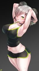 Rule 34 | 1girl, armpits, arms behind head, black background, black choker, black shorts, born-to-die, breasts, choker, commentary request, covered erect nipples, double bun, green eyes, grey hair, hair between eyes, hair bun, hair ornament, hair over one eye, hairclip, highres, looking at viewer, medium breasts, midriff, navel, original, short hair, shorts, solo, standing, sweat, thighs