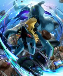 Rule 34 | 8686island, blurry, commentary request, creatures (company), energy, furry, game freak, gen 4 pokemon, glowing, glowing eyes, highres, holding, looking at viewer, lucario, motion blur, nintendo, pokemon, pokemon (creature), red eyes, rock, solo, spikes, toes, yellow fur