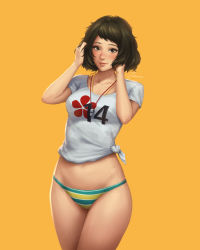 Rule 34 | 10s, 1girl, bad id, bad pixiv id, bikini, bikini bottom only, black hair, blush, brown eyes, cowboy shot, kawakami sadayo, lips, looking at viewer, nose, persona, persona 5, shirt, short hair, signature, simple background, solo, striped bikini, striped clothes, swimsuit, t-shirt, thighs, tied shirt, umigraphics, whistle, whistle around neck, yellow background