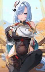 Rule 34 | 1girl, aqua eyes, bare shoulders, blue sky, bodystocking, breasts, closed mouth, clothing cutout, commentary, covered navel, day, genshin impact, grey shirt, hair ornament, highres, large breasts, long hair, looking at viewer, reiji-rj, shenhe (genshin impact), shirt, shoulder cutout, sitting, sky, solo, thighs, very long hair