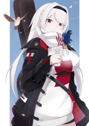 Rule 34 | 1girl, absurdres, anchor symbol, azur lane, belt, bird, black belt, black hairband, black jacket, coffee cup, colorado (azur lane), colorado (traveling melody) (azur lane), cup, disposable cup, guitar case, hairband, highres, holding, holding cup, instrument, instrument case, instrument on back, jacket, long hair, looking at viewer, official alternate costume, open clothes, open jacket, oxygen mask (oxygenmask233), red eyes, scarf, shoulder strap, solo, sweater, white hair, white scarf, white sweater