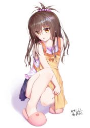 Rule 34 | 1girl, 2019, apron, blue skirt, brown hair, dated, full body, hair ornament, highres, long hair, looking at viewer, miniskirt, one side up, open mouth, pink footwear, pleated skirt, shirt, signature, simple background, skirt, sleeveless, sleeveless shirt, slippers, solo, squatting, to love-ru, traveler (artbbt), white background, white shirt, yellow apron, yellow eyes, yuuki mikan
