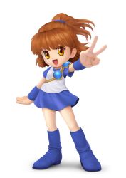 Rule 34 | 1girl, :d, absurdres, arle nadja, bal (uqdf), blue footwear, blue skirt, boots, brown eyes, brown hair, commentary request, full body, highres, looking at viewer, madou monogatari, muneate, open mouth, partial commentary, puyopuyo, shoulder pads, simple background, skirt, smile, solo, standing, v, white background