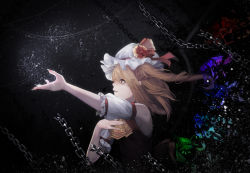 Rule 34 | 1girl, adapted costume, armpits, black background, blonde hair, broken, broken chain, chain, chain, ascot, detached sleeves, dust, eyelashes, fingernails, flandre scarlet, flower, hair blowing, hand on own chest, hat, hat flower, hat ribbon, highres, light particles, looking to the side, mob cap, open hand, outstretched hand, parted lips, profile, red eyes, red flower, red rose, red vest, ribbon, rose, sharp fingernails, shattered, short hair, side ponytail, simple background, solo, tears, touhou, tunamayo (dsasd751), upper body, vest, wings