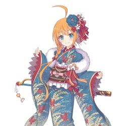 Rule 34 | 1girl, ahoge, animal print, blue eyes, blue flower, blue kimono, braid, brown sash, butterfly print, closed mouth, flower, frilled sash, fur-trimmed kimono, fur trim, furisode, hair bun, hair flower, hair ornament, hair ribbon, japanese clothes, kimono, long hair, long sleeves, looking at viewer, obi, official art, onigiri ornament, orange hair, pecorine (new year) (princess connect!), pecorine (princess connect!), princess connect!, print kimono, red ribbon, ribbon, sash, side braid, sidelocks, single side bun, sleeves past wrists, smile, solo, transparent background, weapon, weapon on back, wheat print, wide sleeves