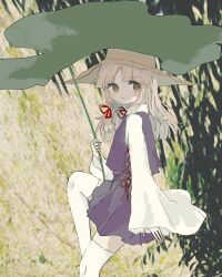 Rule 34 | 1girl, blonde hair, brown hat, closed mouth, commentary, feet out of frame, hair ribbon, hat, highres, holding, holding leaf, leaf, long hair, long sleeves, looking at viewer, medium hair, moriya suwako, outdoors, parted bangs, purple skirt, purple vest, red ribbon, ribbon, shirt, sidelocks, skirt, sleeves past wrists, solo, standing, standing on one leg, symbol-only commentary, thighhighs, touhou, vest, white shirt, white thighhighs, wide sleeves, yellow eyes, zabuton (mgdw5574)