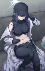 Rule 34 | 1girl, baseball cap, belt, black footwear, black gloves, black hat, black pants, blue archive, blue eyes, blue hair, boots, breasts, closed mouth, clothes writing, coat, couch, crack, cracked wall, crop top, gloves, halo, hand on headwear, hat, highres, large breasts, long hair, navel, off shoulder, open clothes, open coat, pants, saori (blue archive), sitting, solo, stomach, tesin (7aehyun), white coat
