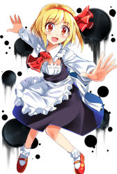Rule 34 | 1girl, :d, adapted costume, alternate costume, apron, ascot, blonde hair, blush, bobby socks, cleavage cutout, clothing cutout, collared shirt, e.o., enmaided, frilled shirt collar, frills, hair ribbon, hairband, highres, knees together feet apart, long sleeves, looking at viewer, maid, maid apron, mary janes, open mouth, outstretched arms, red eyes, ribbon, rumia, shirt, shoes, short hair, smile, socks, solo, spread arms, touhou