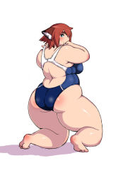 Rule 34 | 1girl, animal ears, ass, bare shoulders, blue eyes, blush, breasts, curvy, highres, kjmvideo, kneeling, large breasts, looking at viewer, looking back, original, parted lips, plump, red hair, short hair, solo, swimsuit, thick thighs, thighs, wide hips