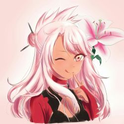 Rule 34 | 1girl, ;q, chloe von einzbern, commentary request, dark-skinned female, dark skin, fate/kaleid liner prisma illya, fate (series), finger to mouth, flower, hair bun, hair ornament, hair stick, lily (flower), long hair, looking at viewer, mixed eye color, multicolored eyes, one eye closed, perfection, pink hair, single hair bun, sion99, smile, solo, tongue, tongue out, upper body, yellow eyes