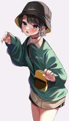 Rule 34 | 1girl, absurdres, black choker, black hat, black skirt, blue eyes, blush, brown cardigan, brown hair, cardigan, choker, collared shirt, commentary request, cowboy shot, earrings, green shirt, hat, highres, hololive, jewelry, long sleeves, moonbell, nail polish, oozora subaru, open mouth, red nails, shirt, short hair, simple background, skirt, sleeves past wrists, solo, standing, star (symbol), star earrings, virtual youtuber
