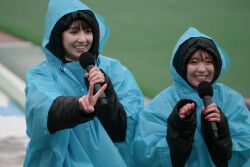 Rule 34 | 2girls, highres, komiya arisa, multiple girls, outdoors, photo (medium), raincoat, saito shuka, smile, standing, voice actor