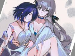 Rule 34 | 2girls, ahoge, blue choker, blue hair, breasts, bronya rand, choker, cleavage, closed eyes, closed mouth, collarbone, colored inner hair, commentary, company connection, crossed bangs, dress, earrings, english commentary, grey eyes, grey hair, highres, holding, honkai: star rail, honkai (series), honkai impact 3rd, jewelry, long hair, looking at viewer, medium breasts, mie xing, multicolored hair, multiple girls, official alternate costume, seele vollerei, short hair, simple background, upper body, white dress
