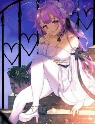 Rule 34 | 1girl, :o, ahoge, anklet, azur lane, blush, breasts, choker, cleavage, commentary, detached sleeves, dress, fence, flower, hair bun, hair ornament, heart, high heels, highres, jewelry, jinbei (user tpny4757), jpeg artifacts, leggings, long hair, looking at viewer, medium breasts, one side up, open mouth, pantyhose, purple eyes, purple hair, sash, single hair bun, sky, solo, star (sky), starry sky, strapless, strapless dress, unicorn (a dream of pure vows) (azur lane), unicorn (azur lane), wedding dress, white dress, white pantyhose