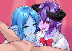 Rule 34 | 1boy, 2girls, ahoge, arunira, blue hair, blue sclera, blue skin, blush, bow, bowtie, bright pupils, brll, censored, clothed female nude male, collared shirt, colored sclera, colored skin, cum, demon girl, fellatio, ffm threesome, fingernails, group sex, hetero, highres, horns, long hair, looking at penis, monster girl, mosaic censoring, multiple girls, nude, oral, original, penis, pink background, pink pupils, pointy ears, purple hair, purple skin, red bow, red eyes, red neckwear, shirt, slime girl, small penis, threesome, white pupils, white shirt, wing collar