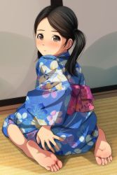Rule 34 | 1girl, absurdres, ass, barefoot, black hair, blue kimono, blush, brown eyes, floral print, from behind, full body, hand on own ass, highres, indoors, japanese clothes, kimono, looking at viewer, looking back, matsunaga kouyou, nose blush, obi, original, parted bangs, parted lips, print kimono, sash, sitting, soles, solo, tatami, twintails, wariza