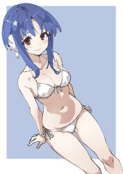 Rule 34 | 1girl, absurdres, bare shoulders, bikini, blue background, blue hair, border, breasts, brown eyes, cleavage, closed mouth, collarbone, commission, hair ornament, headgear, highres, ilfa (to heart), invisible chair, looking at viewer, medium breasts, medium hair, navel, pixiv commission, sidelocks, simple background, sitting, smile, solo, star (symbol), star hair ornament, swimsuit, to heart (series), to heart 2, ushiki yoshitaka, white bikini, white border