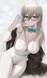 Rule 34 | 1girl, absurdres, akane (blue archive), akane (bunny) (blue archive), bare shoulders, blue archive, breasts, glasses, hidulume, highres, large breasts, light brown hair, looking at viewer, rabbit ears, smile, solo