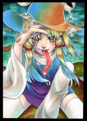 Rule 34 | 1girl, blonde hair, bow, brown headwear, drooling, facial tattoo, fang, fang out, fangs, fangs out, frog girl, green nails, hair bow, hand on headwear, hat, highres, horizontal pupils, leaf, long sleeves, long tongue, looking at viewer, medium hair, moriya suwako, nail polish, pond, purple skirt, purple vest, red bow, saliva, sidelocks, sitting, skirt, sweater, tattoo, teeth, thighhighs, tongue, tongue out, touhou, traditional media, turtleneck, turtleneck sweater, upper teeth only, vest, water, white sweater, white thighhighs, whoru, wide sleeves, yellow eyes