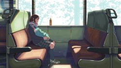 Rule 34 | 1girl, bag, black socks, bottle, brown hair, crack, cross-laced footwear, from side, glass, glasses, highres, holding, holding bag, isai shizuka, jacket, kneehighs, long hair, long sleeves, natchan!, on chair, original, plaid, plaid skirt, product placement, scarf, shade, shoes, sitting, skirt, sneakers, socks, solo, striped clothes, striped scarf, train, train interior, tree, water bottle