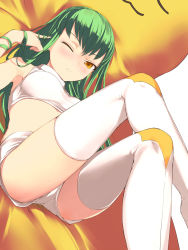 Rule 34 | 00s, 1girl, boots, c.c., cheese-kun, code geass, green hair, highres, crossed legs, long hair, midriff, one eye closed, pizza hut, sitting, solo, thigh boots, thighhighs, underwear, uni (plastic girl), wink, yellow eyes