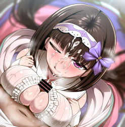 Rule 34 | 1boy, 1girl, bar censor, blurry, blush, bow, breast press, breasts squeezed together, breasts, brown hair, censored, cleavage, cum, cum on clothes, cum on hair, depth of field, facial, fate/grand order, fate (series), hairband, hetero, highres, large breasts, licking lips, long hair, looking at viewer, looking up, low twintails, navel, one eye closed, osakabehime (fate), paizuri, paizuri under clothes, parted lips, penis, pov, precum, purple bow, purple eyes, sekai saisoku no panda, solo focus, steam, sweat, tongue, tongue out, twintails, very long hair