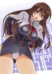 Rule 34 | 1girl, azarashing day, bad id, bad pixiv id, breasts, brown hair, gundam, hands on own hips, highres, large breasts, leaning forward, long hair, looking at viewer, maria owens, open mouth, panties, pantyshot, sd gundam g-generation, skirt, solo, sweatdrop, underwear, upskirt
