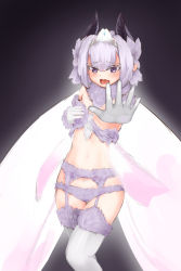 Rule 34 | 1girl, blush, breasts, chemise, covering privates, covering breasts, cowfee, diadem, embarrassed, fur, garter belt, gloves, highres, horns, lingerie, looking at viewer, monster girl, navel, one breast out, open mouth, original, outstretched arms, panties, pointy ears, purple eyes, short hair, small breasts, solo, thighhighs, underwear, wavy mouth, white gloves, white thighhighs, wings