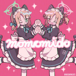 Rule 34 | 2girls, ;), ;d, animal ear headphones, animal ears, apron, black dress, blonde hair, blue archive, blue bow, blush stickers, bow, closed mouth, collared dress, dress, fake animal ears, feet out of frame, frilled apron, frills, hair bow, halo, headphones, highres, holding hands, koru koruno, long sleeves, maid, maid headdress, midori (blue archive), midori (maid) (blue archive), momoi (blue archive), momoi (maid) (blue archive), multiple girls, one eye closed, open mouth, pantyhose, pink background, puffy long sleeves, puffy sleeves, red bow, siblings, simple background, sisters, smile, standing, standing on one leg, twins, twintails, white apron, white pantyhose