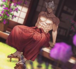 Rule 34 | 1boy, abs, animal ears, artist name, bara, biceps, blurry, blurry background, commission, flower, grass, hakama, highres, japanese clothes, jouvru, male focus, muscular, muscular male, nipples, original, outdoors, pectoral cleavage, pectorals, sandals, socks, solo, topless male, white hair, wolf, wolf ears, yellow eyes