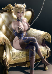 Rule 34 | 1girl, absurdres, arms behind back, artoria pendragon (fate), artoria pendragon (lancer) (fate), bare shoulders, bdsm, black background, blonde hair, blue eyes, blue leotard, blue thighhighs, bondage, bound, braid, breasts, brown thighhighs, center opening, chain, chained, chair, crossed legs, crown, cuffs, detached collar, detached sleeves, fate/grand order, fate (series), foot out of frame, french braid, gold trim, hair between eyes, highres, large breasts, leotard, lips, looking at viewer, nose, realistic, shackles, shigatsu (4gate), short hair, simple background, sitting, solo, thighhighs