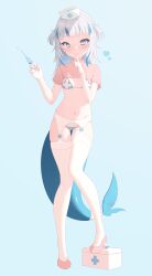 Rule 34 | 1girl, absurdres, bandages, bikini, blue bikini, blue eyes, blue hair, blunt bangs, blush, breasts, closed mouth, fang, female focus, finger to mouth, fins, first aid kit, fish tail, full body, garter belt, gawr gura, gloves, hair ornament, hand up, hat, heart, high heels, highres, holding, holding syringe, hololive, hololive english, looking at viewer, lucasyecla99, medium hair, multicolored hair, navel, nurse, nurse cap, pink footwear, shark girl, shark tail, short sleeves, short twintails, shrug (clothing), shushing, simple background, skin fang, small breasts, solo, standing, stomach, streaked hair, swimsuit, syringe, tail, thighhighs, twintails, two side up, virtual youtuber, white garter belt, white gloves, white hair, white thighhighs