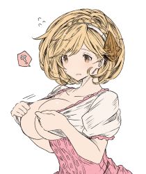 Rule 34 | 1girl, artist request, blonde hair, breasts, brown eyes, bursting breasts, dress, dressing, huge breasts, inconvenient breasts, short hair, undersized clothes, white background