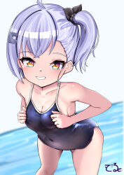 azur_lane bare_shoulders blue_one-piece_swimsuit breasts breasts_squeezed_together cleavage collarbone covered_navel dedorudy highres light_blush looking_at_viewer oceana_(azur_lane) oceana_(imp_of_the_bathtub)_(azur_lane) official_alternate_costume one-piece_swimsuit open_mouth orange_eyes purple_hair short_hair side_ponytail signature siren_(azur_lane) small_breasts swimsuit water