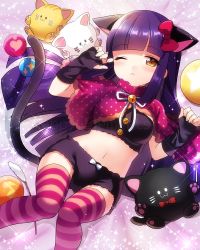 Rule 34 | 1girl, :&lt;, ;&lt;, aino aika, animal ears, ball, bell, blunt bangs, bow, bra, cat ears, ensemble girls!, fingerless gloves, gloves, long hair, lying, midriff, navel, official art, on back, one eye closed, original, panties, shawl, solo, sparkle, striped clothes, striped thighhighs, stuffed animal, stuffed cat, stuffed toy, tail, thighhighs, underwear, watermark, wink, yellow eyes, zettai ryouiki