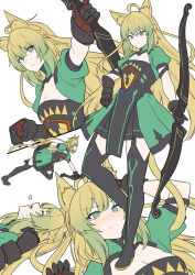 Rule 34 | 1girl, animal ears, atalanta (fate), black gloves, black skirt, black thighhighs, blonde hair, blush, bow (weapon), braid, breasts, cat ears, cat tail, cleavage, closed eyes, dress, fate/apocrypha, fate (series), french braid, full body, gloves, gradient hair, green dress, green eyes, green hair, layered skirt, long hair, looking at viewer, lying, medium breasts, multicolored hair, multiple views, on back, open mouth, puffy short sleeves, puffy sleeves, running, shiseki hirame, short sleeves, skirt, tail, thighhighs, weapon