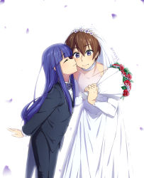 Rule 34 | 1boy, 1girl, absurdres, age difference, artifedex, black suit, blue hair, bouquet, bow, bowtie, bridal veil, bride, brown hair, commentary, commentary request, commission, crossdressing, dress, embarrassed, closed eyes, flat chest, flower, formal, furude rika, groom, halo, height difference, hetero, highres, higurashi no naku koro ni, hime cut, husband and wife, kiss, kissing cheek, light blush, long hair, maebara keiichi, petals, purple eyes, purple neckwear, role reversal, shirt, short hair, signature, simple background, suit, tuxedo, veil, wedding, wedding dress, white background, white shirt