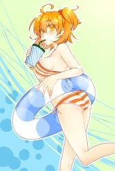 Rule 34 | 1girl, ahoge, ass, bare legs, bikini, blush, breasts, commentary request, cup, drinking, drinking straw, fate/grand order, fate (series), from side, fujimaru ritsuka (female), fujimaru ritsuka (female) (brilliant summer), hair between eyes, hair ornament, hair scrunchie, holding, holding cup, innertube, leg up, looking at viewer, looking to the side, medium breasts, multicolored background, official alternate costume, one side up, orange bikini, orange hair, outline, running, scrunchie, short hair, side-tie bikini bottom, sideboob, solo, striped bikini, striped clothes, swim ring, swimsuit, transparent, white outline, yellow eyes