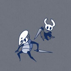 Rule 34 | black eyes, black skin, blank eyes, colored skin, full body, grey background, grey cloak, grey theme, holding, holding weapon, hollow knight, jumping, knight (hollow knight), legs apart, looking at viewer, mask, mask on head, nail (hollow knight), quirrel, sakana 2-gou, simple background, standing, weapon