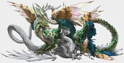 Rule 34 | animal focus, blue eyes, claws, commission, dragon, eastern dragon, feathered dragon, feathered wings, feathers, fins, from side, full body, green eyes, head fins, highres, horns, insect wings, looking at viewer, multiple horns, multiple wings, no humans, original, scales, simple background, spikes, tail, western dragon, white background, wings, xiaopizi32439