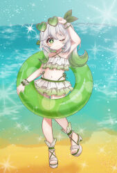 1girl ;) alternate_costume arm_up beach bikini bikini_skirt bright_pupils closed_mouth commentary criss-cross_halter cross-shaped_pupils frilled_bikini frilled_cuffs frills full_body genshin_impact glasses gradient_bikini gradient_hair green-tinted_eyewear green_bikini green_eyes green_hair hair_ornament halterneck heart heart-shaped_eyewear highres holding holding_removed_eyewear innertube leaf_hair_ornament leg_up light_particles long_bangs looking_at_viewer midriff mochimugi_(mcmg_kk_snkn) multicolored_bikini multicolored_clothes multicolored_hair nahida_(genshin_impact) navel one_eye_closed platform_footwear pointy_ears sandals smile solo sparkle split_mouth standing standing_on_one_leg swim_ring swimsuit symbol-shaped_pupils tinted_eyewear two-tone_bikini unworn_eyewear water white_bikini white_footwear white_hair white_pupils white_wrist_cuffs wrist_cuffs