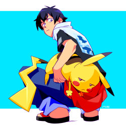 Rule 34 | 1boy, black hair, blue background, blue eyes, carrying, carrying under arm, closed mouth, commentary, creatures (company), english commentary, game freak, gen 1 pokemon, gotcha!, gotcha! boy (pokemon), high collar, highres, looking at viewer, looking back, male focus, mikkusushi, nintendo, pikachu, pokemon, pokemon (creature), sandals, short sleeves, simple background, squatting