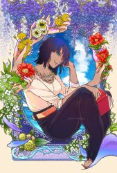 Rule 34 | 1girl, artist name, barefoot, black hair, blue eyes, blue sky, book, breasts, cloud, cloudy sky, disembodied limb, extra arms, eyelashes, flower, hana hana no mi, head rest, highres, holding, holding flower, jewelry, looking at viewer, medium breasts, medium hair, multiple hands, necklace, nico robin, one piece, open book, open mouth, oversized limbs, rosinantes, shirt, shirt tucked in, sitting in window, sky, smile, twitter username, white shirt, window