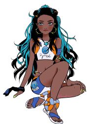 1girl absurdres armlet black_hair blue_eyes blue_hair creatures_(company) crop_top dark-skinned_female dark_skin earrings eyeshadow game_freak hair_bun highres hoop_earrings jewelry long_hair looking_at_viewer makeup multicolored_hair navel necklace nessa_(pokemon) nintendo pokemon pokemon_swsh single_hair_bun smile solo two-tone_hair venerismater