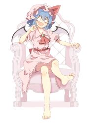 Rule 34 | 1girl, absurdres, ascot, back bow, barefoot, bloomers, blue hair, blush, bow, commentary request, crossed legs, demon wings, embarrassed, fang, feet, frilled skirt, frilled sleeves, frills, full body, hair between eyes, hand up, hat, hat bow, highres, index finger raised, looking at viewer, mob cap, o o, on chair, open mouth, pink hat, pink shirt, pink skirt, puffy short sleeves, puffy sleeves, red ascot, red bow, remilia scarlet, seika okawari, shirt, short eyebrows, short hair, short sleeves, simple background, sitting, skirt, soles, solo, sweatdrop, toes, touhou, underwear, v-shaped eyebrows, white background, wings