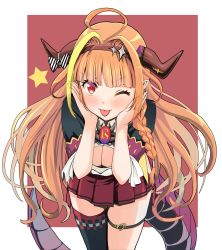 Rule 34 | 1girl, ahoge, blonde hair, blunt bangs, blush, bow, braid, breasts, cleavage, cleavage cutout, clothing cutout, commentary request, dragon tail, gem, hair intakes, hairband, hands on own face, haniwa (leaf garden), highres, hololive, horn bow, horn ornament, horns, kiryu coco, kiryu coco (1st costume), leaning forward, long hair, looking at viewer, multicolored hair, one eye closed, orange eyes, orange hair, pleated skirt, pointy ears, single thighhigh, skirt, solo, standing, star (symbol), streaked hair, tail, thigh gap, thighhighs, tongue, tongue out, upper body, virtual youtuber