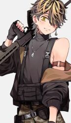 Rule 34 | 1boy, assault rifle, bell, belt, black gloves, black hair, black jacket, black shirt, blonde hair, brown pants, closed mouth, cowboy shot, dog tags, earrings, fingerless gloves, gloves, gun, hanemiya kazutora, holding, holding gun, holding weapon, jacket, jewelry, long sleeves, looking at viewer, male focus, medium hair, mole, mole under eye, multicolored hair, neck tattoo, necklace, off shoulder, over shoulder, pants, rifle, shirt, simple background, single earring, sleeveless, smile, solo, standing, tattoo, tokyo revengers, tonshi, two-tone hair, weapon, weapon over shoulder, white background, yellow eyes