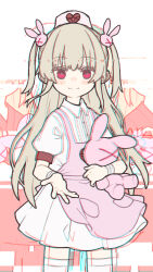 Rule 34 | 1girl, apron, bandaged wrist, bandages, beckoning, blonde hair, blush, center frills, chromatic aberration, closed mouth, collared dress, commentary request, dress, frills, glitch, hair ornament, hat, highres, holding, holding stuffed toy, looking at viewer, mixed-language commentary, mojibake commentary, multiple views, natori sana, nurse cap, outstretched hand, pink apron, projected inset, rabbit hair ornament, red eyes, sana channel, short dress, short sleeves, smile, stuffed animal, stuffed rabbit, stuffed toy, thighhighs, two side up, uewtsol, virtual youtuber, white dress, white thighhighs