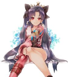 Rule 34 | 1girl, belt, belt buckle, black hair, buckle, creature, earrings, fate/grand order, fate (series), fur trim, hair ornament, hair ribbon, hand on own knee, hoop earrings, ishtar (fate), ishtar (swimsuit rider) (fate), jacket, jewelry, knees together feet apart, long hair, long sleeves, looking at viewer, n:go, parted bangs, pink thighhighs, red eyes, ribbon, simple background, single thighhigh, sitting, smile, solo, thighhighs, tohsaka rin, twintails, twitter username, very long hair, white background